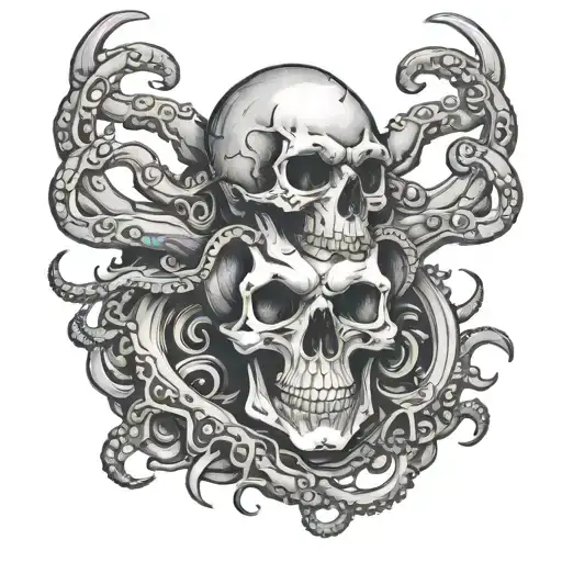 skull with 8 octopus arms as hair, inside shark's jaw bone frame, flintlock and dynamate crossed below tattoo design idea