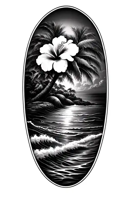 banyan tree and hibiscus flower with ocean waves on a beach tattoo design idea