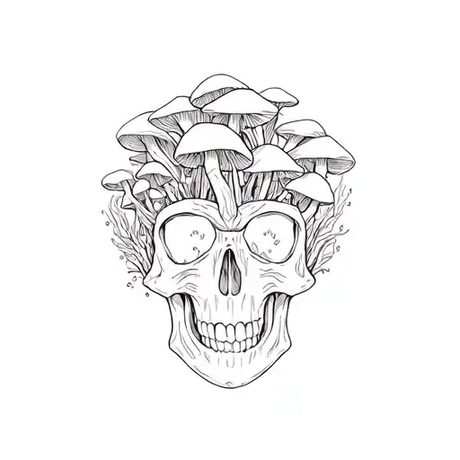 a psychedelic skull surrounded by mushrooms growing tattoo design idea