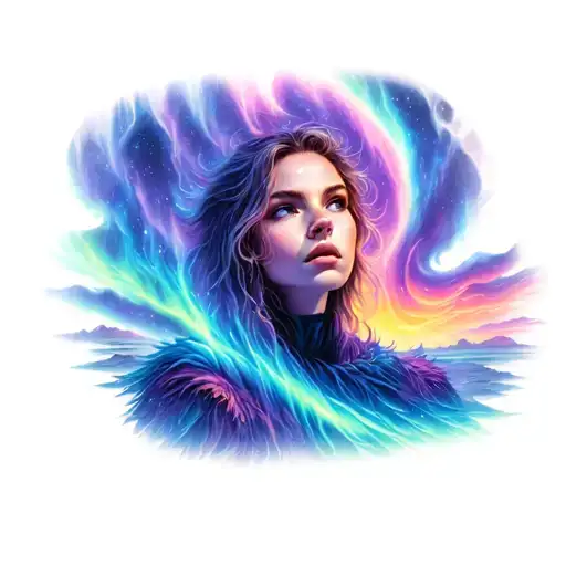 Aurora Aksnes in front of a huge Aurora borealis merging tattoo design idea