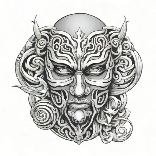 black and gray Omni mask tattoo design idea