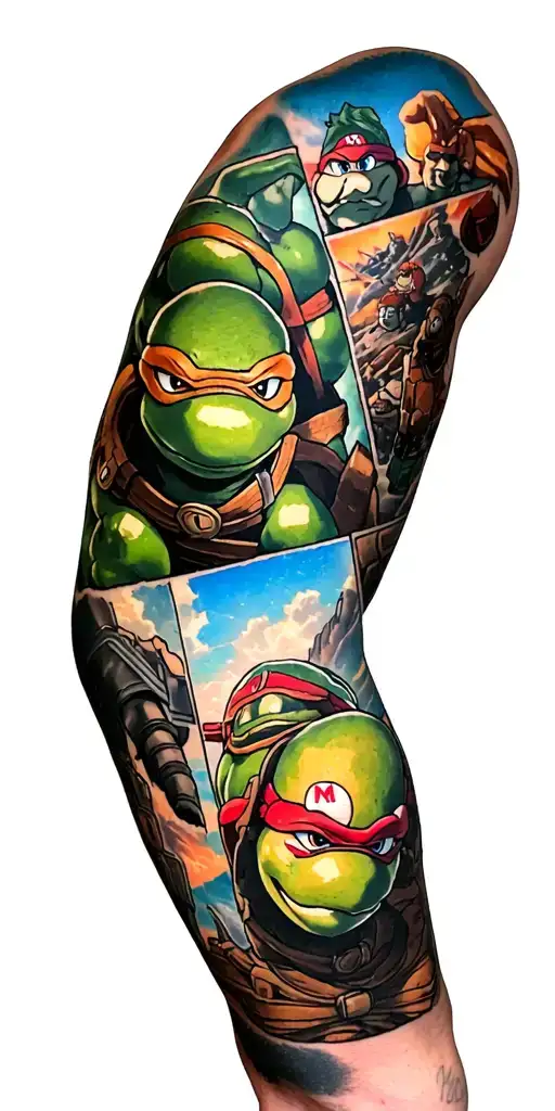 a full arm sleeve of various scenes from zelda, ninja turtles, mario, marvel comics, dc comics, avatar the last air bend tattoo design idea