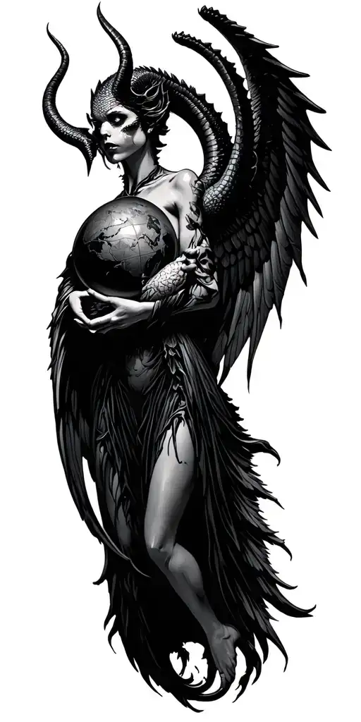 female satan , reptile wings , holding globe tattoo design idea