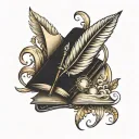 Modern tatoo design with quill, an open book, symbol of Mercury connects  tattoo design idea