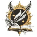Modern tatoo design with quill, an open book, symbol of Mercury connects  tattoo design idea