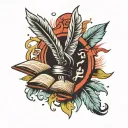 Modern tatoo design with quill, an open book, symbol of Mercury connects  tattoo design idea