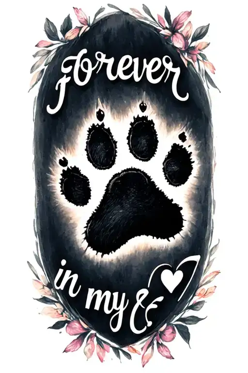 "Forever in my ❤️" Dog paw print with the word tattoo design idea