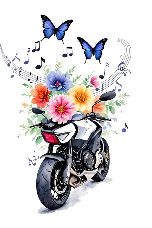 motorbike triumph street triple 765 re black grey,  flowers, music notes and butterflies flying tattoo design idea