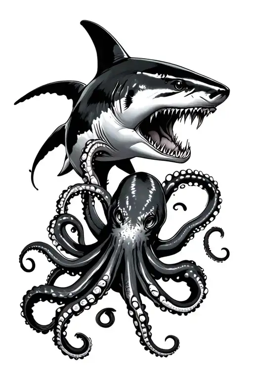 blackwork tattoo of a hammerhead shark eating an octopus who is fighting for his life tattoo design idea