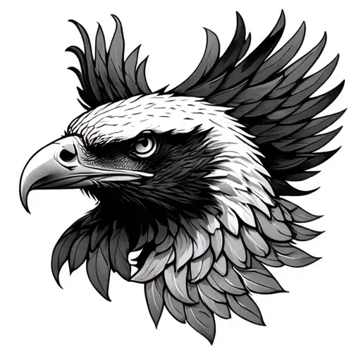 A highly detailed tattoo design eagle head with elegant feathers, symbolizing wisdom and longevity.no eagle full body.  tattoo design idea