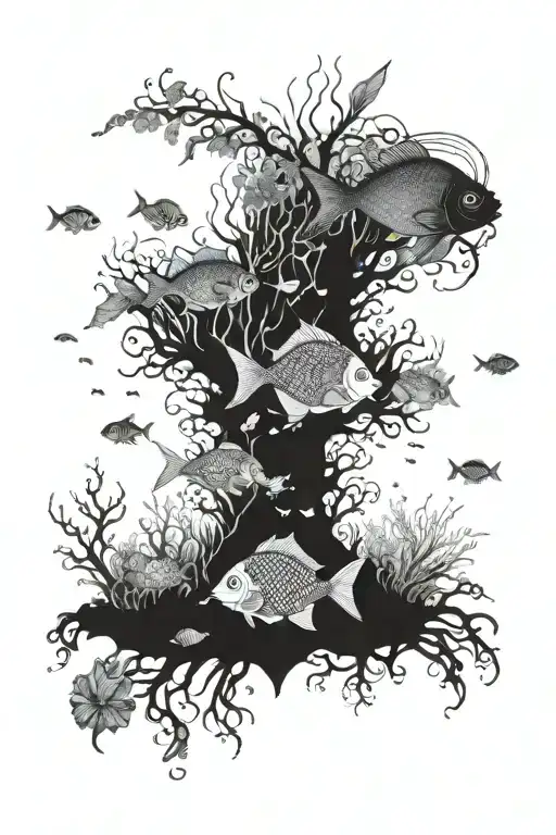 An intricate underwater scene with hidden treasures and exotic fish tattoo design idea