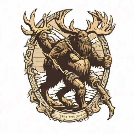 Sasquatch carrying bow with elk skull with antlers tattoo design idea