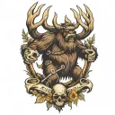 Sasquatch carrying bow with elk skull with antlers tattoo design idea