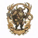 Sasquatch carrying bow with elk skull with antlers tattoo design idea