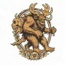 Sasquatch carrying bow with elk skull with antlers tattoo design idea