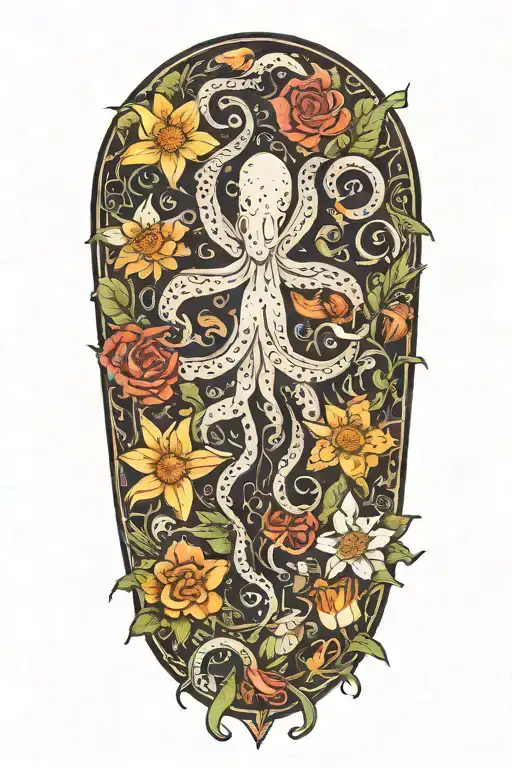 snowdrops, rose, marigold, daffodil, octopus tentacles tattoo design idea