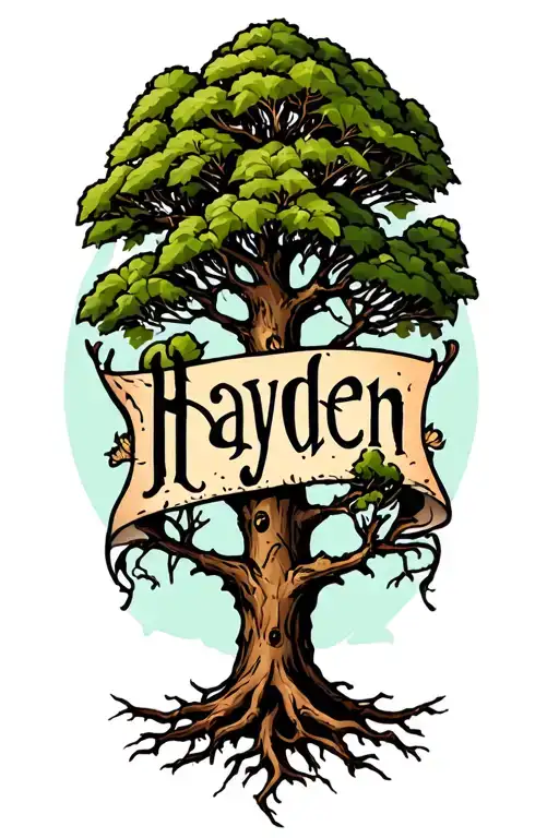 alder tree with Hayden written in the roots tattoo design idea