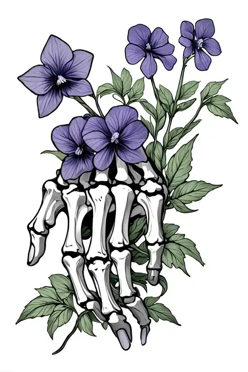 skeleton hand with violets grow flowers tattoo design idea