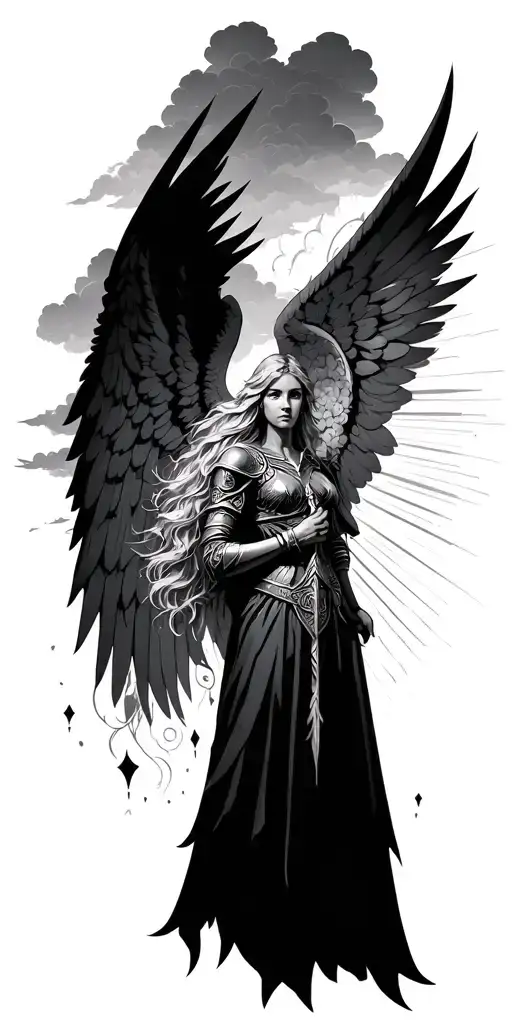 Meaningful warrior angel, Norse Valkyrie, clouds, rays, floral tattoo design idea