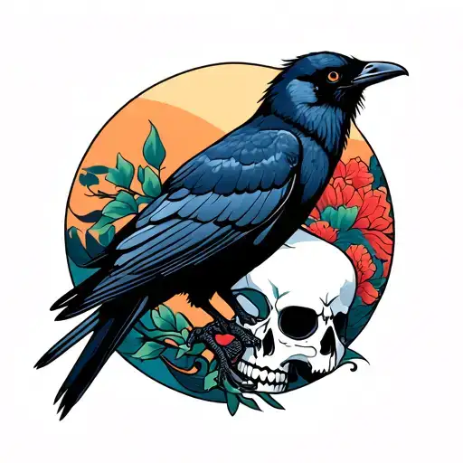 skull and crow tattoo design idea