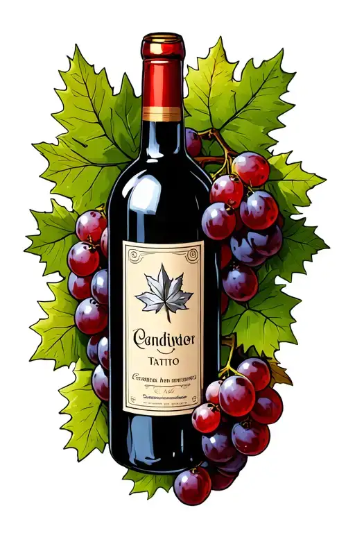 a red wine bottle, nestled in a bunch of grapes with a silver oak leaf on the label tattoo design idea