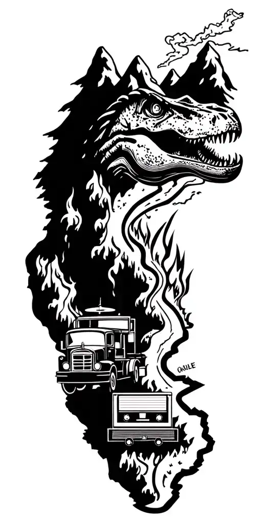 map with landmarks with road, mountains, trex fire truck, mountain bike drum set, cassette tape, book on fire, tattoo design idea