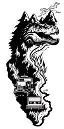 map with landmarks with road, mountains, trex fire truck, mountain bike drum set, cassette tape, book on fire, tattoo design idea