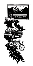 map with landmarks with road, mountains, trex fire truck, mountain bike drum set, cassette tape, book on fire, tattoo design idea