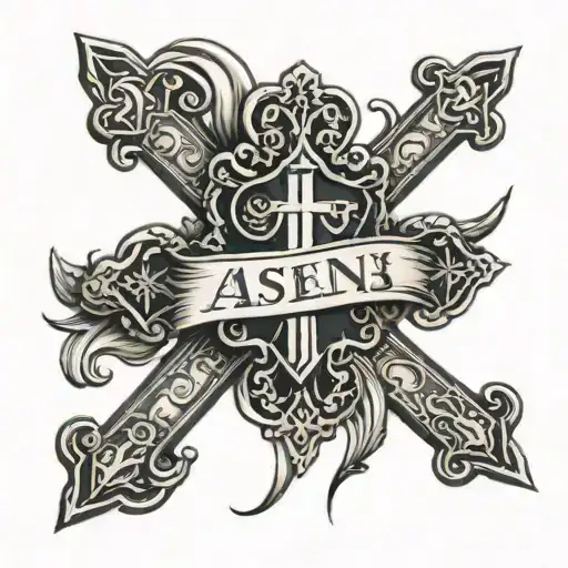 cross with the writing that says in Jesus name, amen with the heart  tattoo design idea