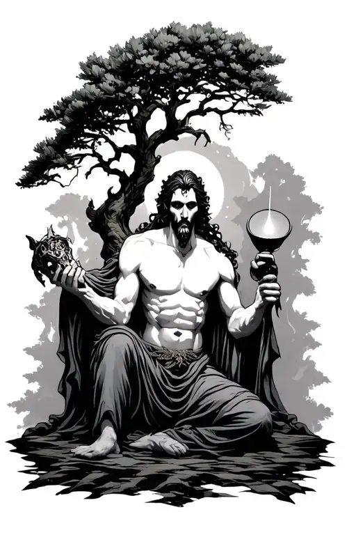 Hades with a bident, sitting under a cypress tree tattoo design idea