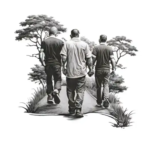 dad walking away with both sons holding hands tattoo design idea