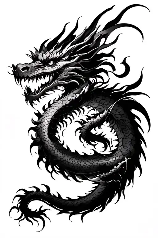 Blackwork tattoo full manga in Japanese style. An imposing Japanese dragon that runs through the entire arm, combined tattoo design idea