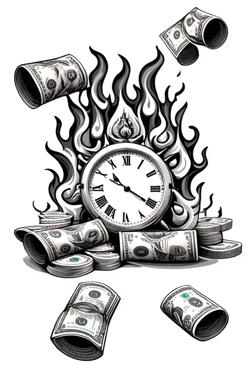 flames into money rolls on gamble board and old time watch tattoo design idea