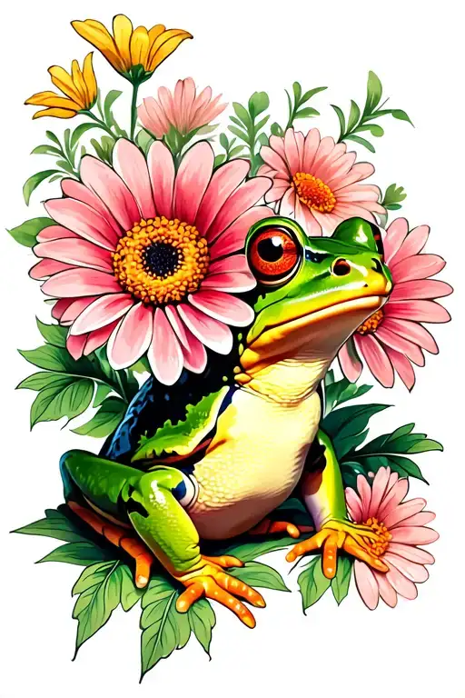 green frog in gerberas flower surrounded tattoo design idea