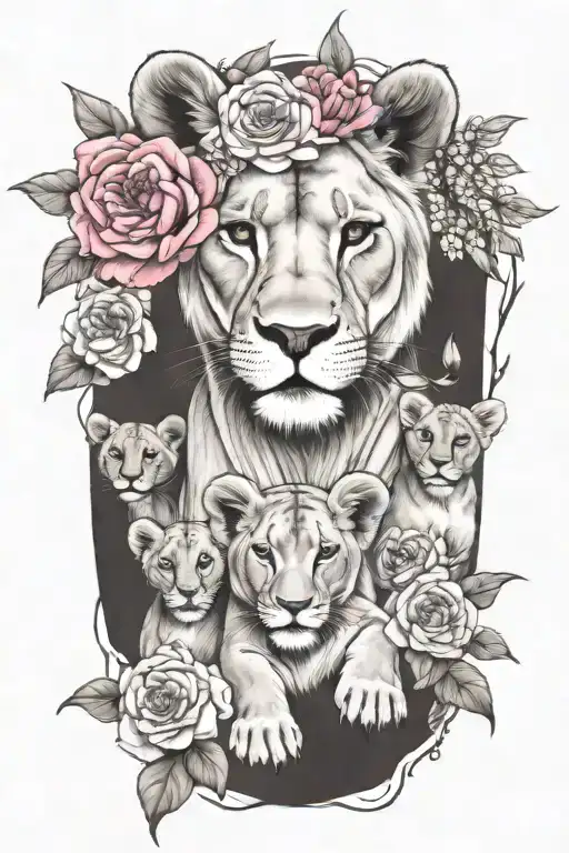 lioness with 4 cubs and flowers tattoo design idea