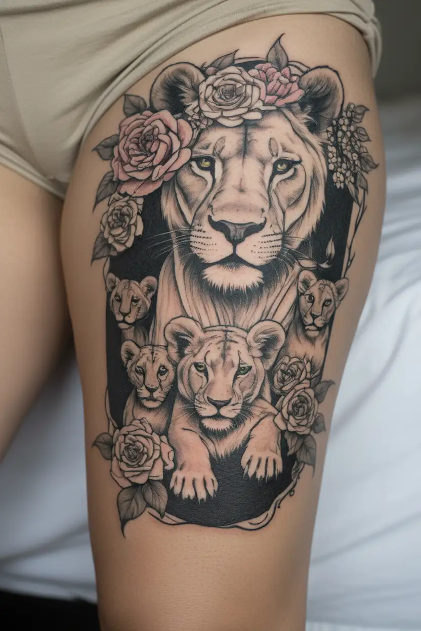 lioness with 4 cubs and flowers tattoo design idea