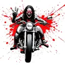 a front facing monster on a motorcycle. he has one hand on bars and you giving peace sign. A beautiful babe with cleavag tattoo design idea