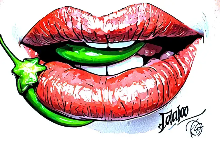 Womans lips biting lower lip with Jalapeno  tattoo design idea