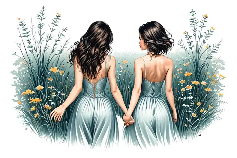 two sexy girls seen from behind walking in the nature hand to hand tattoo design idea