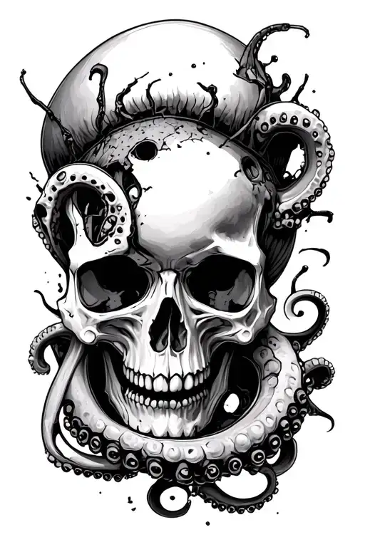 Human skull partially destroyed by an octopus, with the skull sideway. tattoo design idea