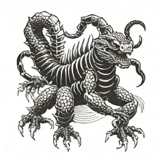 scorpion posed like godzilla black and white tattoo design idea