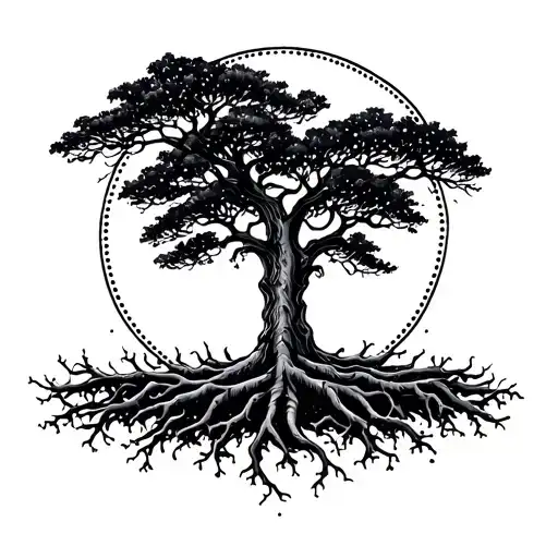 Realistic tattoo design for the calf of a large, majestic black tree inside a dotted circle, with roots extending beyond tattoo design idea