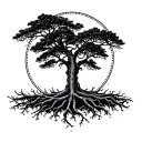 Realistic tattoo design for the calf of a large, majestic black tree inside a dotted circle, with roots extending beyond tattoo design idea