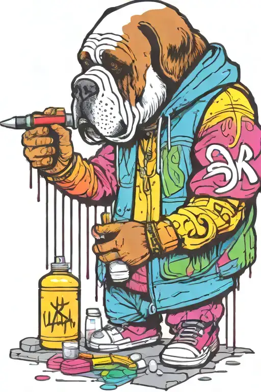 standing graffiti artist creating a masterpiece. replace human head for st Bernard head. holding a marker pen tattoo design idea