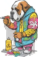 standing graffiti artist creating a masterpiece. replace human head for st Bernard head. holding a marker pen tattoo design idea