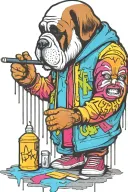 standing graffiti artist creating a masterpiece. replace human head for st Bernard head. holding a marker pen tattoo design idea