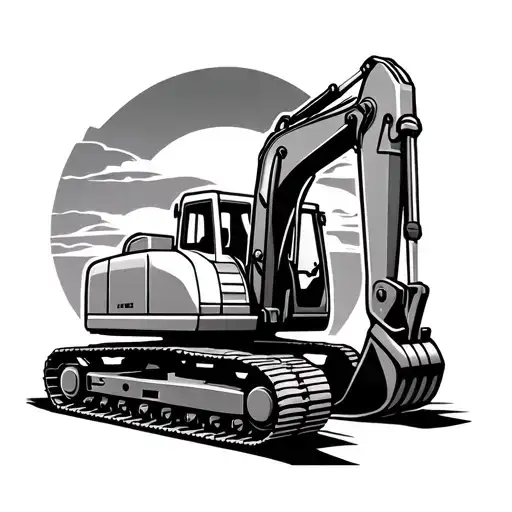 A stylized silhouette of an excavator against a sunset backdrop, with bold lines and shading to emphasize the machine's power and presence tattoo design idea