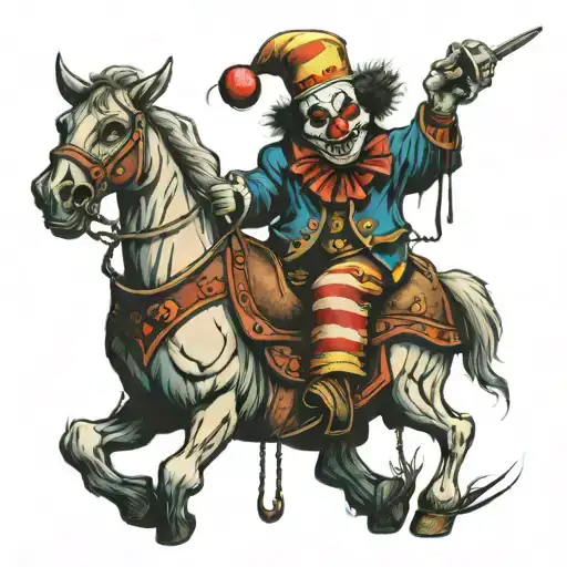 Psychopathic clown ride a horse with a gaz mask tattoo design idea