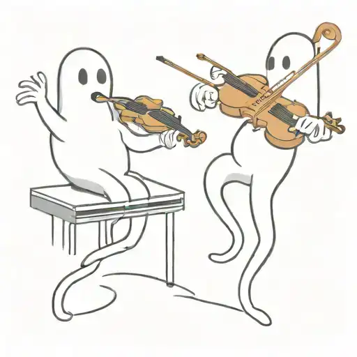 2 cartoon ghosts floating 1 holding a violin one playing piano tattoo design idea