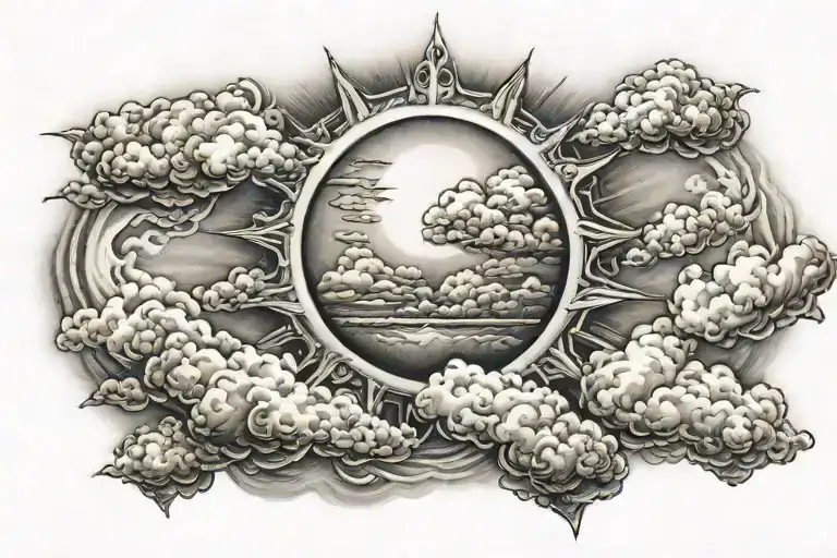realistic sun shining through clouds surrounding tattoo design idea